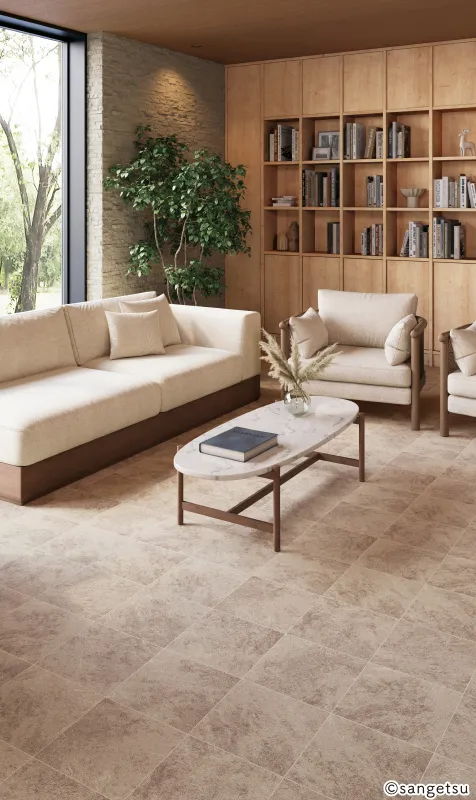 Phòng nghỉ có sofa kem, tủ sách gỗ và bàn trà bầu dục trên sàn họa tiết gạch đá màu be, mã PX961S