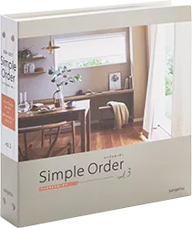Bìa sách mẫu Simple Order Vol.3 (rèm đặt may đơn giản) của Sangetsu, ảnh phòng ăn có rèm voan