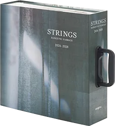Bìa sách mẫu rèm Strings của Sangetsu, ảnh vải rèm tông xanh xám